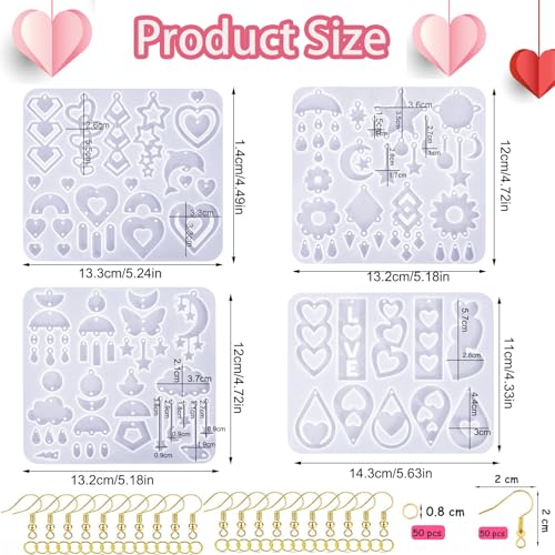 4 Pack Heart Resin Earring Mold Love Heart Star Shape Earring Silicone Molds for Mother's Day UV Casting Epoxy Silicone Molds Jewelry Earring Making Kit with 200 Earring Hook for DIY Crafts Keychains - color: Clear-Love shape