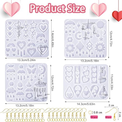 4 Pack Heart Resin Earring Mold Love Heart Star Shape Earring Silicone Molds for Mother's Day UV Casting Epoxy Silicone Molds Jewelry Earring Making Kit with 200 Earring Hook for DIY Crafts Keychains - color: Clear-Love shape