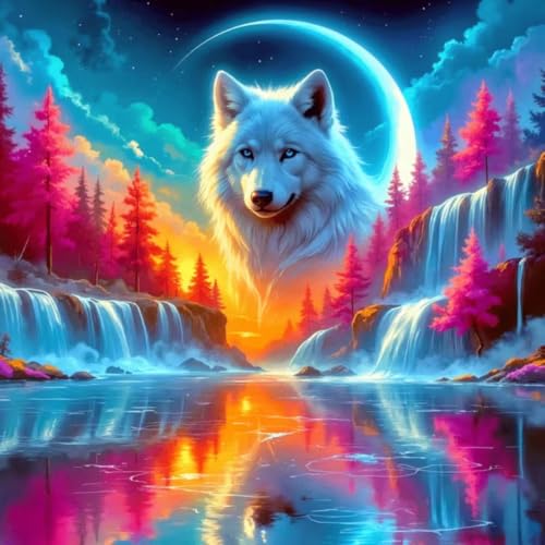 Mosaflare 5D Wolf Landscape Diamond Painting Kits for Adults 13.7x13.7 Inch | Waterfall Forest Diamond Art for Beginners, DIY Full Round Drill Paint by Diamonds Dot Gem Art for Adult, Home Wall Decor - color: KM1236-1