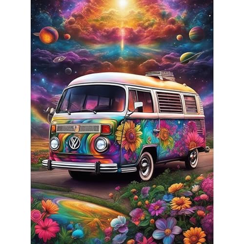 SENQAO Bus Diamond Painting Kits for Adults, Car Flower Full Drill Diamond Dots Paintings for Beginners, Round 5D Paint with Diamonds Pictures Gem Art Painting Kits DIY Crafts Kits 12x16inch - color: bright