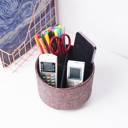 Round Leather Art Supply Organizer,Remote Control Holder,360 Degree Spinning,Multi-Functional Pencil Holder,4 Compartments Desktop Stationary Organizer(1-Carved Cooper Red) - color: 1-Carved Cooper Red