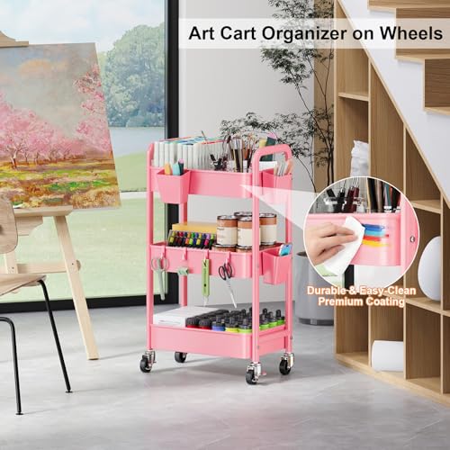 3 Tier Rolling Cart with Wheels, Metal Utility Storage Cart on Wheels, Craft Carts Organizer with Hanging Cups, Hooks, Three Tiered Rolling Carts for Bathroom, Laundry Room, Nursery, Office, Pink - color: Pink