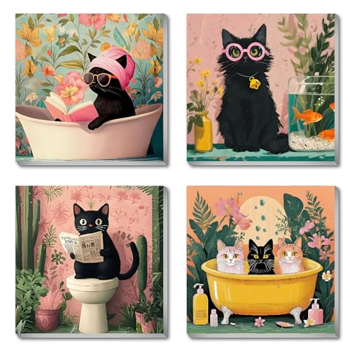 Canrichshop 4 Pack Cat Paint by Numbers for Beginner,Black Cat Adult Paint by Number Kits on Canvas Framed, DIY Number Paintings for Adults for Wall Home Decor 8X 8 inch - color: BKH1890+BKH1891+BKH1892+BKH1893