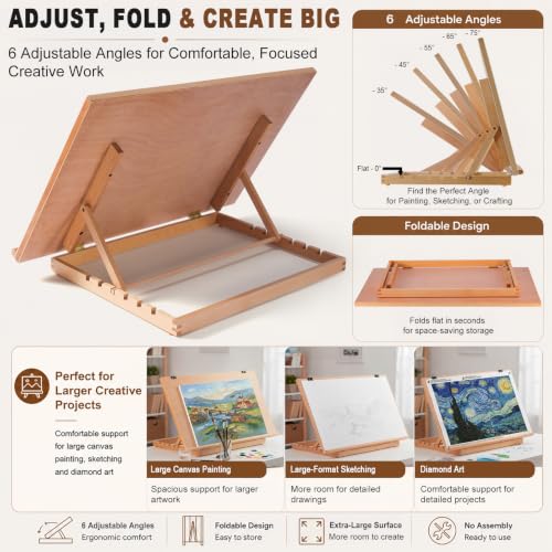 24.9"x17.3" Beechwood Tabletop Easel with Paint and Sketch Papers,Mask Tape | Extra Large Adjustable Art Easel Stand, Drawing Board for Painting, Sketching and Diamond Art - style: A2