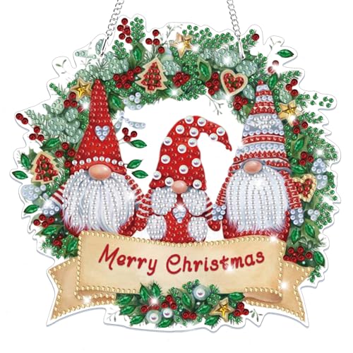 Bowetile Christmas Wreath Hanging Diamond Art Painting Kits for Adults, 5D Special Shape Diamond Art Kits Gnomes, Crystal Gem Painting Arts and Crafts for Adults for Home Garden Decor - color: Gnomes