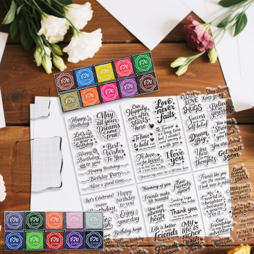 6 Pcs Greeting Words Clear Stamps for Card Making 20 Ink Pad | 3 Acrylic Stamp Block Silicone Stamp with Holiday Bless Happy Birthday Stamps for Crafting DIY Scrapbooking Journal - style: 29Pcs Greetings Blessings Stamps