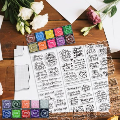 6 Pcs Greeting Words Clear Stamps for Card Making 20 Ink Pad | 3 Acrylic Stamp Block Silicone Stamp with Holiday Bless Happy Birthday Stamps for Crafting DIY Scrapbooking Journal - style: 29Pcs Greetings Blessings Stamps