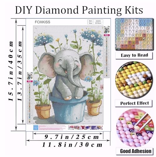 FOXKISS Baby Elephant Diamond Art Painting Kits for Adults, Full Drill Diamond Dots Paintings for Beginners, Round 5D Paint with Diamonds Pictures Gem Art Painting Kits DIY Crafts Kits 12x16inch - color: h