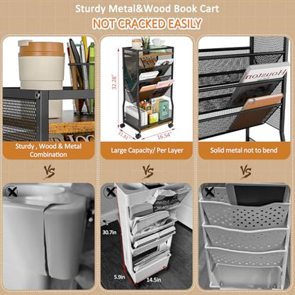 DAOUTIME 8 Tier Rolling Book Cart with Wheels, Mobile Book Storage Cart with 2 Sides Access Bookcase for Narrow Space, Rolling File Organizers and Storage for Home Office Living Room Classroom School