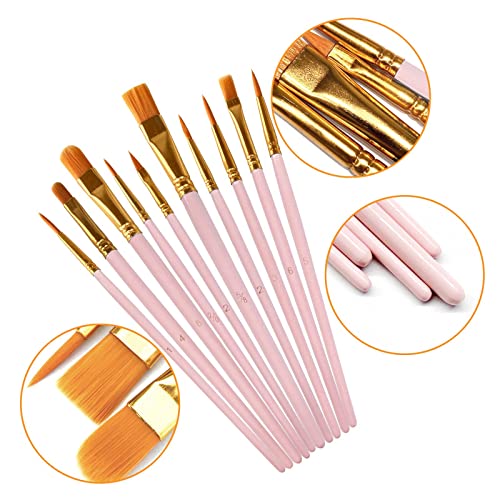 1 Pack Paint Brushes Set, 10 Pcs Nylon Hair Painting Brushes for Watercolor, Oil, Acrylic Paint, Pink