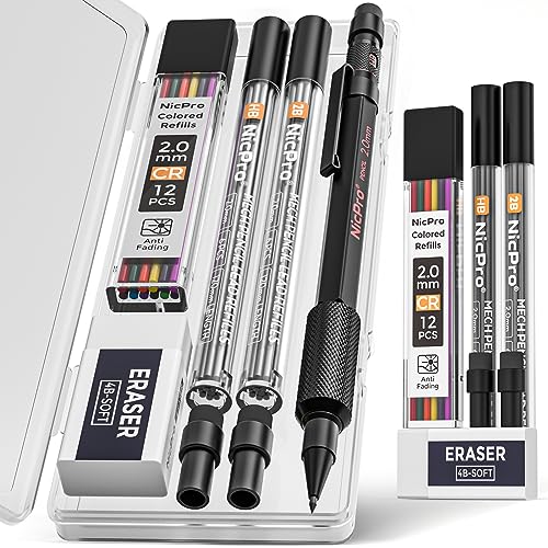 Nicpro 2mm Mechanical Pencils Set with Case, MP2000 Metal Drafting Pencil | 24 Black & Colored Refill, Eraser, Weatherproof Metal Barrel, Non Slip Grips, Heavy Duty Carpenter Pencil For Writing Drawing - size: 1 Pack