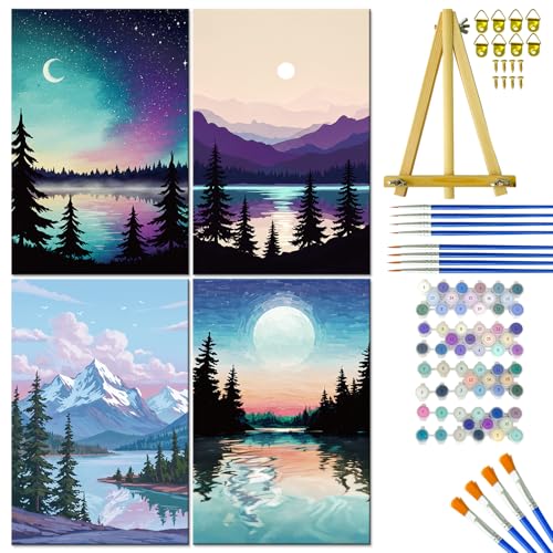 Paint by Numbers Kit for Adults Beginner, Landscape Canvas Painting Set | Complete Number Painting Kit 4 Pack, 8x12 inch Framed Canvases with Easel, Easy-to-follow, Beginner Painting Activity