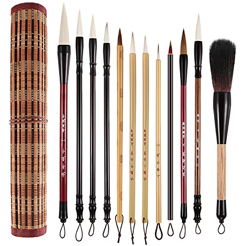 12 Pieces Chinese Calligraphy Brush Set with Sumi Watercolor | Roll-Up Bamboo Holder, Japanese Kanji Writing, Ink Painting, Goat Hair Tips, Beginner Artist Kit