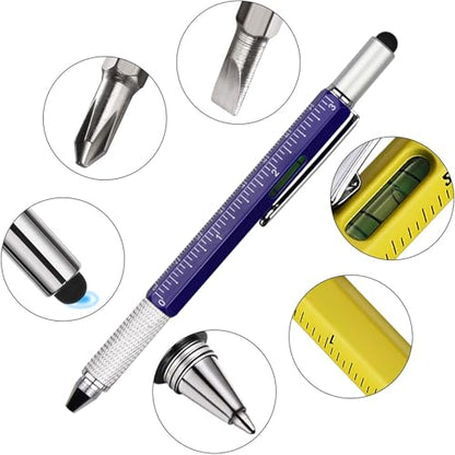 DUNBONG 6-in-1 Multi Tool Pen, Stylus & Screwdriver, 0.7mm Black Ink - Blue | Aluminum prismatic non-slip grip | Rotary no-cap design | Ruler & level built-in | Refillable | Long-lasting clip - color: Blue