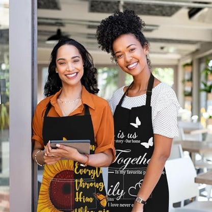 Apron with Pockets, 32x28 inch, 2 Pack, Sunflower | Butterfly Floral Botanical Adjustable Bib with Pockets for Women Men Couple Lovers Chef Home Baking Gardening - color: Black Yellow