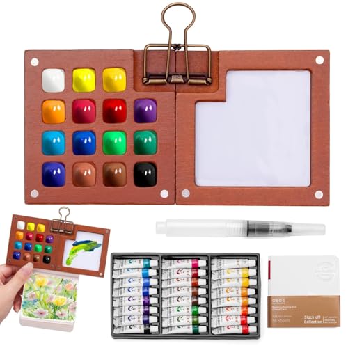 Mini Watercolor Paint Set, Tiny Watercolor Travel Set, Portable Pocket Water Color Paint Kit with 24 Colors, SketchBook, Pen, Clip, Mini Paint Palette Travel Kit for Painters Artists (Walnut, 15 Grid)