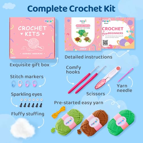 Mewaii Crochet Kit for Beginners, 3 Pack Sea Turtles Craft Set - color: Brown and Green