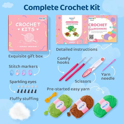 Mewaii Crochet Kit for Beginners, 3 Pack Sea Turtles Craft Set - color: Brown and Green