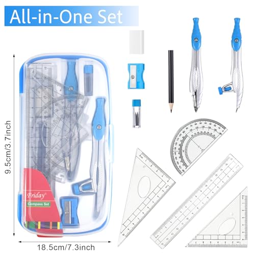 Marte Vanci Math Geometry Kit, 10 Pieces Geometry Set with Storage Box Student Supplies for Drawing, Includes Compasses, Pencil, Eraser, Rulers Protractor, Sharpener,Lead Refills(Blue)