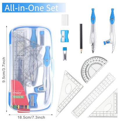 Marte Vanci Math Geometry Kit, 10 Pieces Geometry Set with Storage Box Student Supplies for Drawing, Includes Compasses, Pencil, Eraser, Rulers Protractor, Sharpener,Lead Refills(Blue)