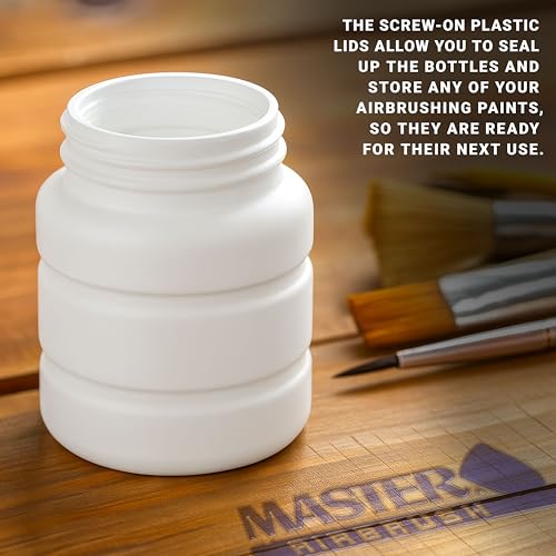 Master Airbrush (Pack of 10) TB-006 Empty 2.7-Ounce (80cc) Plastic Jar Bottles with 30° Down Angle Adaptor Lid Assembly - Fits Dual-Action Siphon Feed Airbrushes, Use with Master, Badger Paasche Iwata - size: 2.7oz - Plastic - 30°