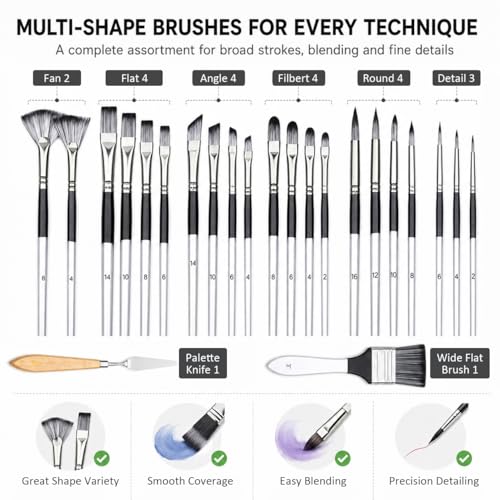 JYN‑ANREN 24Pcs Paint Brush Set, Professional 9 Shapes: Wide Flat, Filbert, Fan, Dagger, Cat Tongue, Round etc, for Acrylic, Oil, Watercolor, Includes Palette Knife & Waterproof Canvas Roll