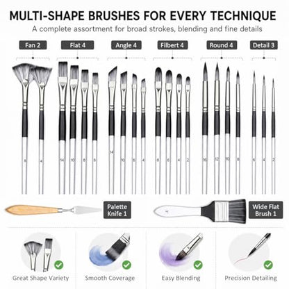 JYN‑ANREN 24Pcs Paint Brush Set, Professional 9 Shapes: Wide Flat, Filbert, Fan, Dagger, Cat Tongue, Round etc, for Acrylic, Oil, Watercolor, Includes Palette Knife & Waterproof Canvas Roll