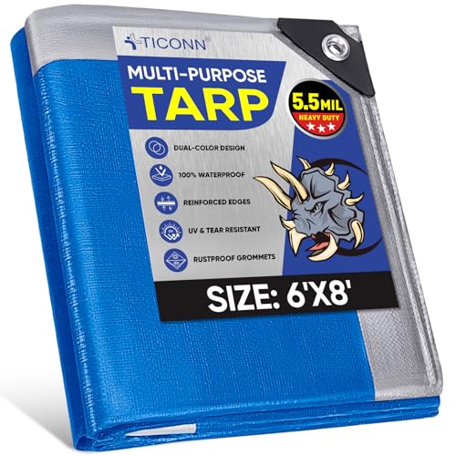 TICONN Heavy Duty Tarp Cover, Extra Thick Tarps Waterproof Tear and Rip Proof UV Resistant Tarpaulin with Reinforced Grommets and Edges (5.5 Mil, 6'x8') - color: Blue, size: 6'x8', 5.5 Mil