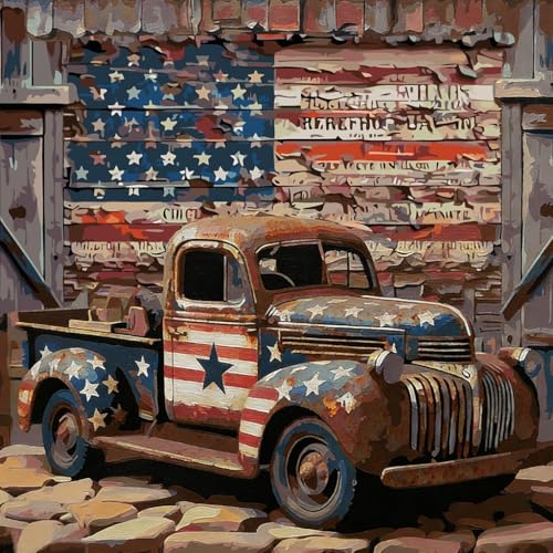 ALEXMACLIST Vintage Patriotic Truck Diamond Painting Kit for Adult 14x14 - color: Truck with USA glag