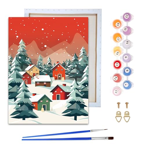 Reofrey Framed Paint by Numbers Kit for Adults & Beginner - 8x12 Inch Canvas Christmas Tree Paint by Numbers - Landscapes Educational & Creative Art Set for Beginners - Perfect for Home Decoration - color: snow scene