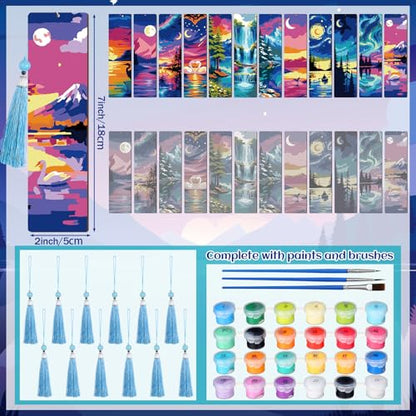 Kosiz 12 Pcs Night Landscape Paint by Number Kit for Adult Wood Bookmark | Mini Paint by Numbers Kit, Painting Decor, Tiny Mountain Tassels Blank Bookmarks, for Small DIY Craft Book Lovers Gift 7x2 '' - style: Night Landscape