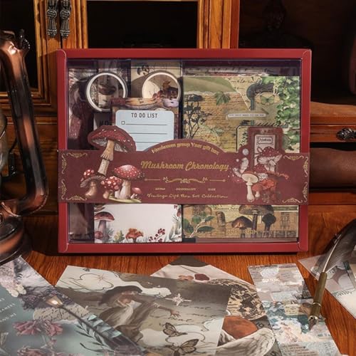 ATIRAMANIYA 346pcs Vintage Scrapbook Kit Aesthetic Junk Journal Set with Stickers, Washi Tape, A6 Notebook & Decorative Paper, All-in-One Scrapbook Kit Stationery (Mushroom) - color: Mushroom