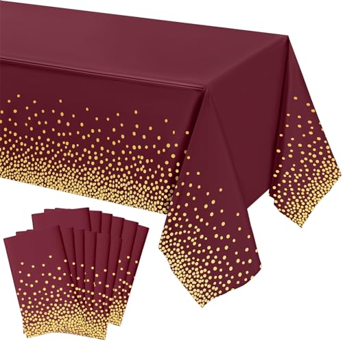 Tegeme 12 Pcs Maroon, Gold Plastic Tablecloths Burgundy Table Cloths Party - color: Wine Red, Gold