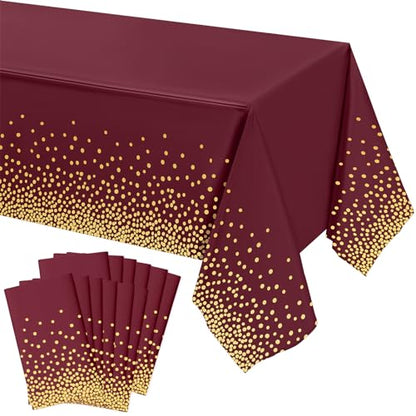 Tegeme 12 Pcs Maroon, Gold Plastic Tablecloths Burgundy Table Cloths Party - color: Wine Red, Gold
