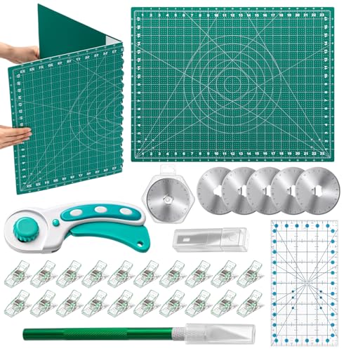 Lasnten Rotary Cutter Set 18 x 24 Inch Folding Extra Large Self Healing Cutting Mat, 45mm Fabric Cutter, 5pcs Rotary Blades, Acrylic Ruler, Knife Set for Sewing, Crafting, Patchworking, Art, Clay