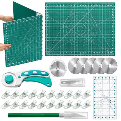 Lasnten Rotary Cutter Set 18 x 24 Inch Folding Extra Large Self Healing Cutting Mat, 45mm Fabric Cutter, 5pcs Rotary Blades, Acrylic Ruler, Knife Set for Sewing, Crafting, Patchworking, Art, Clay