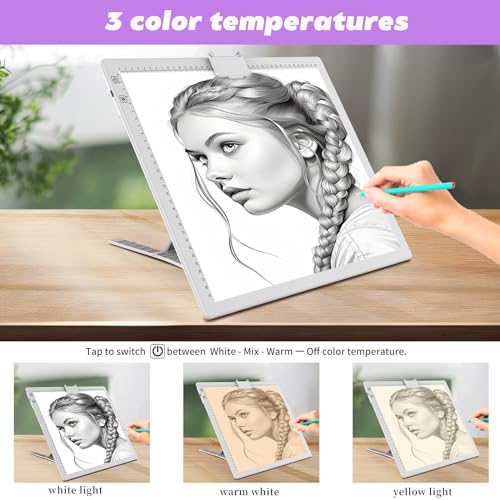 YINGWOND Wireless Rechargeable A3 Light Pad with Carry Bag,Diamond Art Light Board 2500mAh Battery,3 Color Temperatures and Stepless Dimming,Light Box for Tracing,Diamond Painting,Weeding Vinyl - style: Rechargeable-A3 White+Padded case