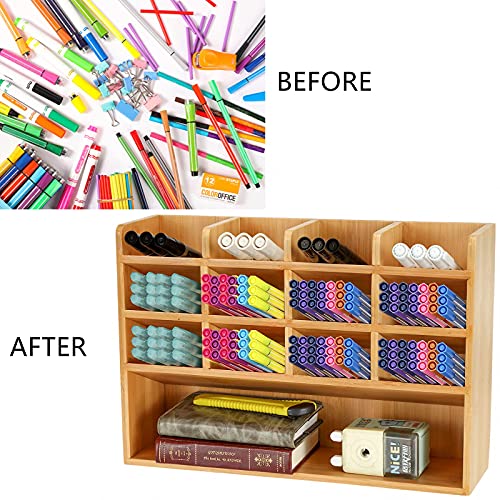 Dicunoy Desktop Pen Holder Organizer, Bamboo Art Supply Storage Caddy Holds 300 Pencils, 13 Compartments Thick Pencil Holder Box for Color Pencils, School, Classroom, Office