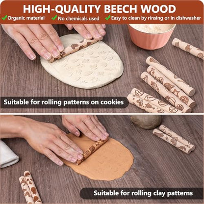 10pcs Wooden Clay Texture Rollers Set for Pottery & Ceramics - Popular Patterns - Potters Stamp Roller Tools for Ceramic Slabs - Textured Rolling Modeling Pins (0.63" x 5" inch) - color: Fun Activity