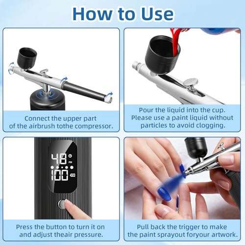 Airbrush Kit with Compressor, Cordless Airbrush for Nails | 6000mAh 48PSI High Pressure, 3-Speed Dual-Action, 0.2/0.3/0.5mm Nozzle & 3 Cups, Non-Clogging for Nails Cake Decor Makeup