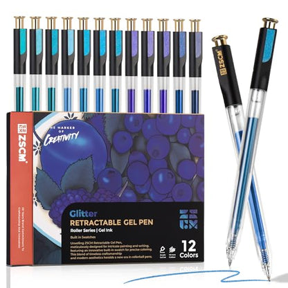 Blue Retractable Glitter Gel Pens, 12 PCS Large Capacity Metallic Ink Pen - color: 12 Blue