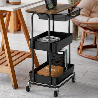 Simple Houseware 3-Tier Utility Cart with Drawer & Wood Top, Rustic Brown - color: Rustic Brown