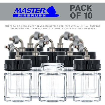 Master Airbrush Brand Box of 10-Each TB-007 Empty 3/4-Ounce, (22cc) Glass Bottle for SB84 Side-Feed Mount Airbrush - size: 0.75oz - Glass - Side-Feed