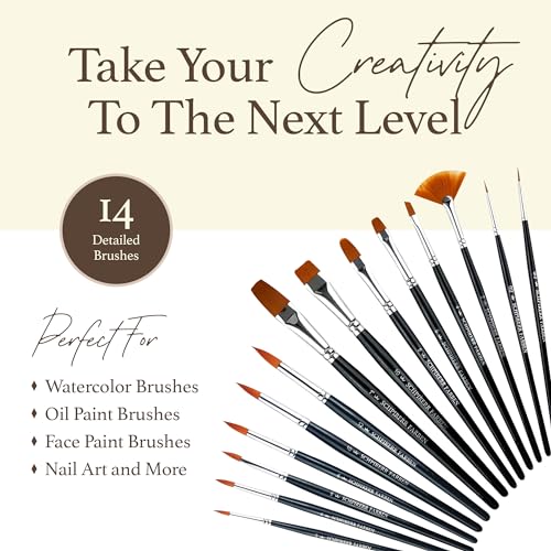 SCHPIRERR FARBEN - Paint Brushes for Canvas Painting, Acrylic, Gouache, Oil and Watercolor, Brushes with Synthetic Bristles, Paint Brush Set for Beginners and Seasoned Painters, Set of 14 - size: Mix14