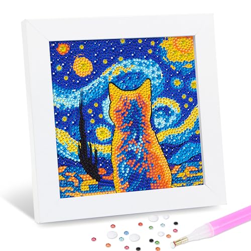 Leixonl Diamond Art Kits for Kids with Framed (7 in) Cartoon Animals DIY Gem Art Painting - Arts & Crafts Gifts for Beginners & Teens (Star Night cat) - color: star night cat