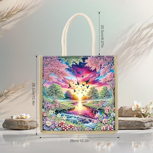 JZHYOAN Landscape DIY Diamond Painting Canvas Tote Bags Package Portable Reusage Handmade Shopping Storage Package DIY Diamond Art Tote Bag Kit Gem ArtTote Bags with Diamonds for Adult Family