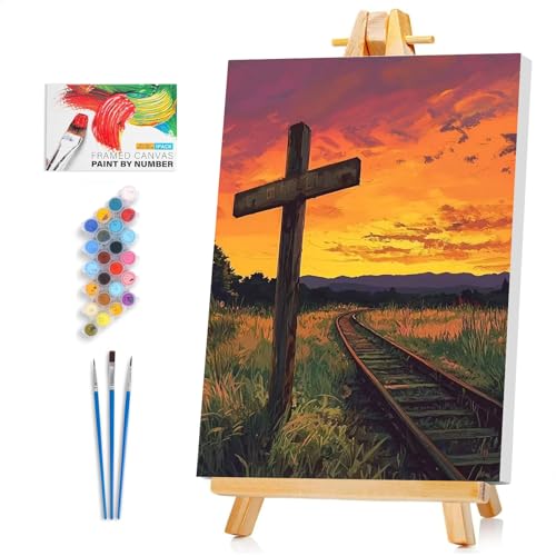 Cross Framed Paint by Numbers Kit for Adults Beginner & Kids Ages 8-12, Sunset Landscape Paint by Numbers with Frame, without Easel, DIY Number Painting for Adults for Home Decor Gift 8 x 12 Inch - color: XM-OP-F-Cross-2030