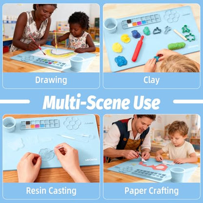 Silicone Painting Mat, 23.6x15.8in Art Craft Mat with Brushes | For watercolor resin clay DIY art use, waterproof table protection painting station with cup palette, 3 brushes, blue - color: Blue