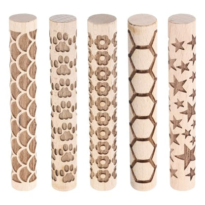 HARFINGTON 5pcs Wood Clay Roller 4"Flower Paw Print Hexagon Star Fan Pattern Rolling Pins Pottery Tools Wood Grain Texture Rollers for Clay Baking Dough Playdough DIY - style: Curves + Flowers + Paw Prints + Hexagons + Stars