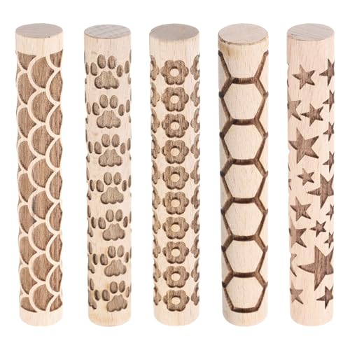 HARFINGTON 5pcs Wood Clay Roller 4"Flower Paw Print Hexagon Star Fan Pattern Rolling Pins Pottery Tools Wood Grain Texture Rollers for Clay Baking Dough Playdough DIY - style: Curves + Flowers + Paw Prints + Hexagons + Stars